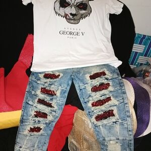 George Men's Ripped Blue Jeans with Red Accents